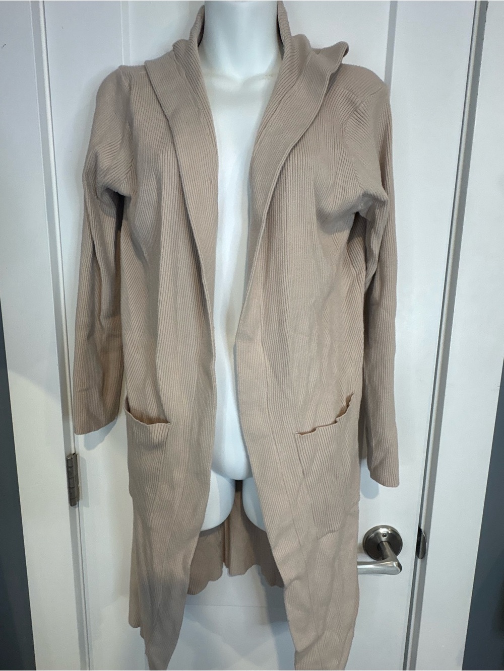 Open-Front Long Hooded Cardigan Jacket - Beige